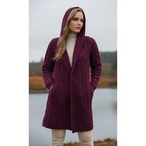 The Scottish Store‎ Purple Aran Waterfall Hooded Cardigan Large 100% Merino Wool